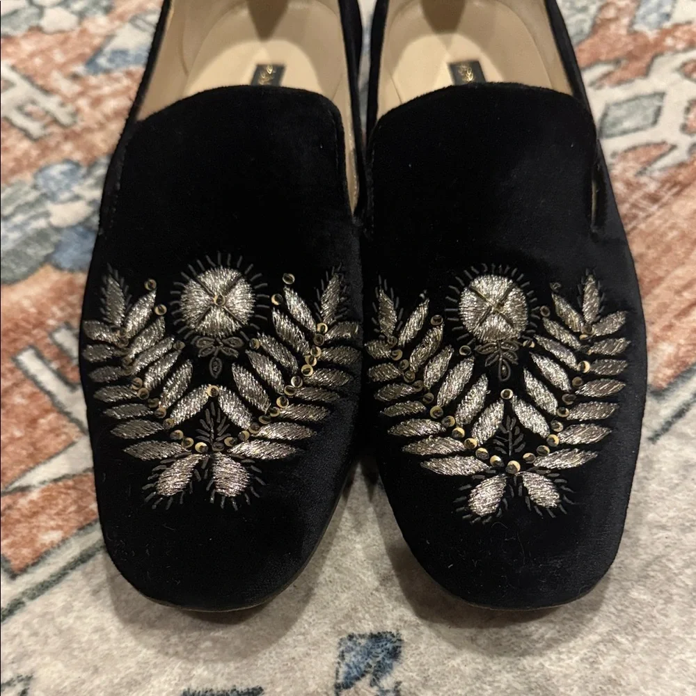 Anne Klein Black Velvet Embroidered Loafers